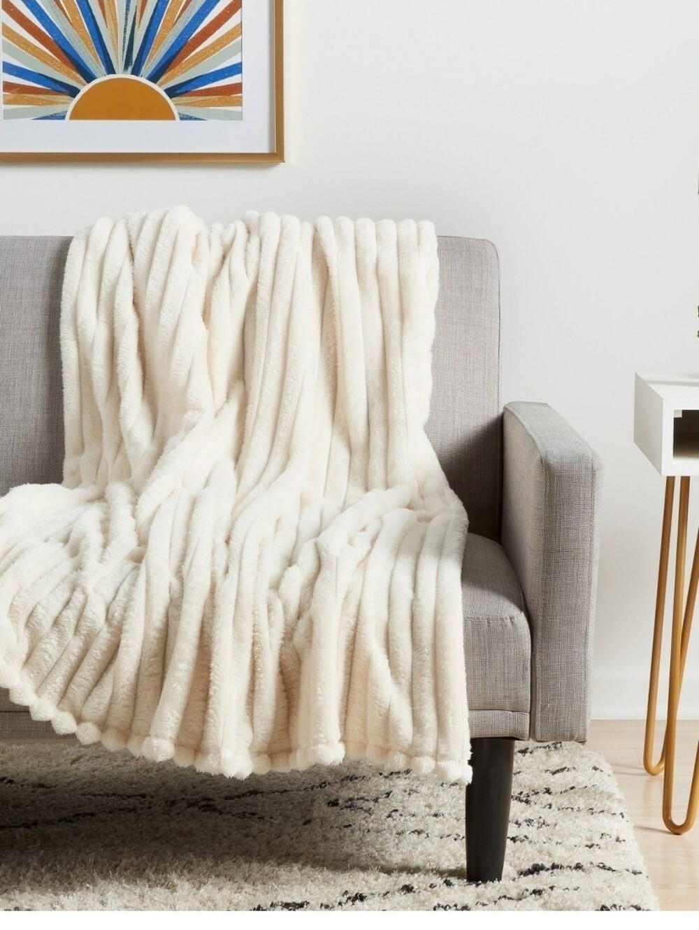 Room Essentials Cream Faux Fur Ribbed Throw Blanket